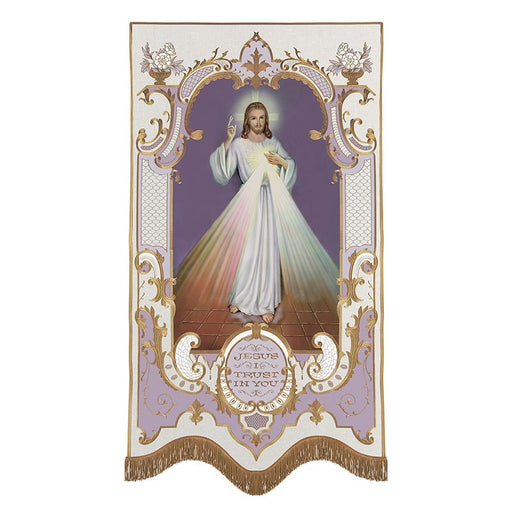 58" H Divine Mercy Vintage Banner with Gold Embroidered Accents and Fringes