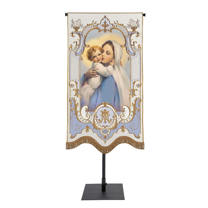 58" H Madonna and Child Vintage Banner with Gold Embroidered Accents and Fringes Marian Devotion Mary Collection