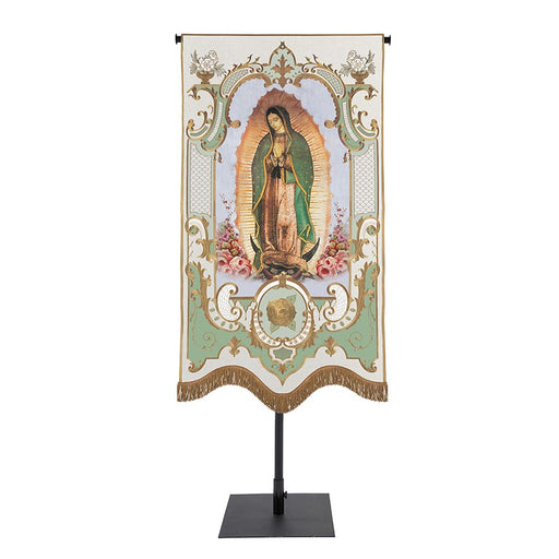 58" H Our Lady of Guadalupe Vintage Banner with Gold Embroidered Accents and Fringes Marian Devotion Mary Collection