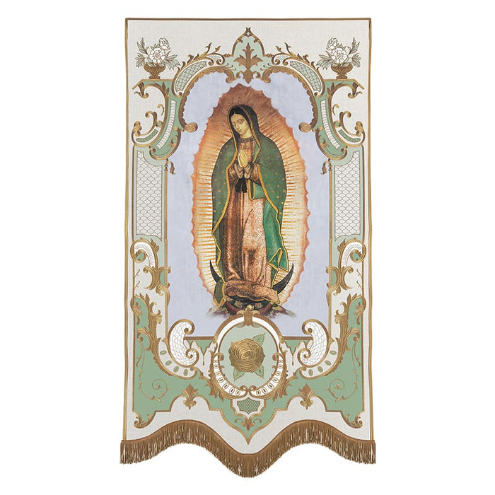 58" H Our Lady of Guadalupe Vintage Banner with Gold Embroidered Accents and Fringes Marian Devotion Mary Collection