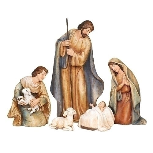 5 Piece 10.2”H Holy Family Wood Stained Shepherd and Sheep