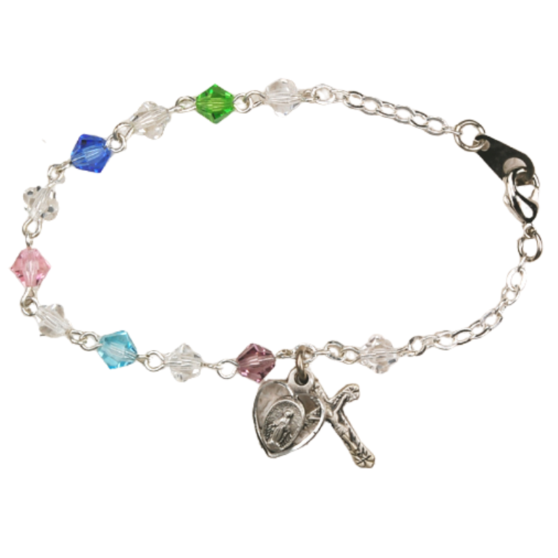 5mm Multi Color Crystal Miraculous Medal Rhodium Bracelet