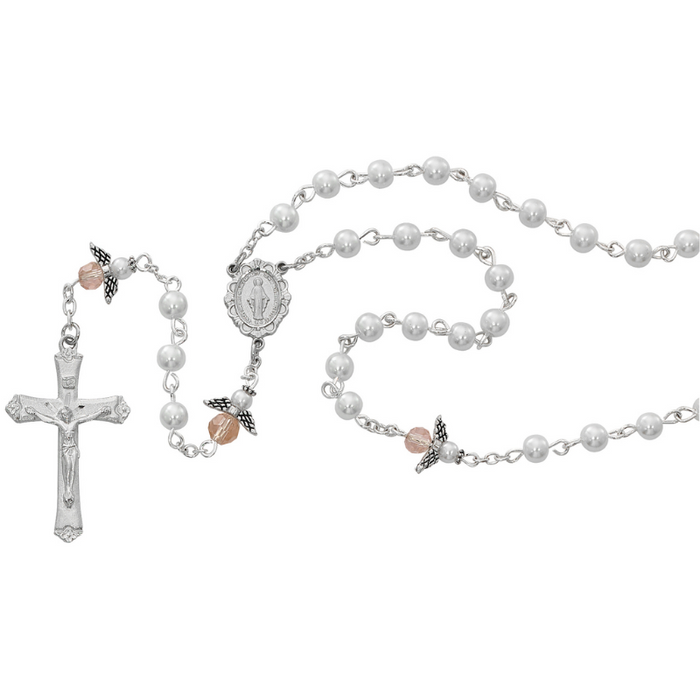 5mm White Pearl Beads Rhodium Miraculous Medal Rosary