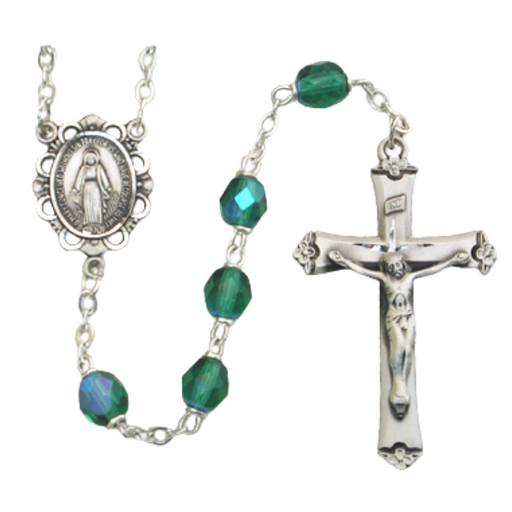 6mm Emerald Beads Miraculous Medal Rosary - May Miraculous Medal Rosary 