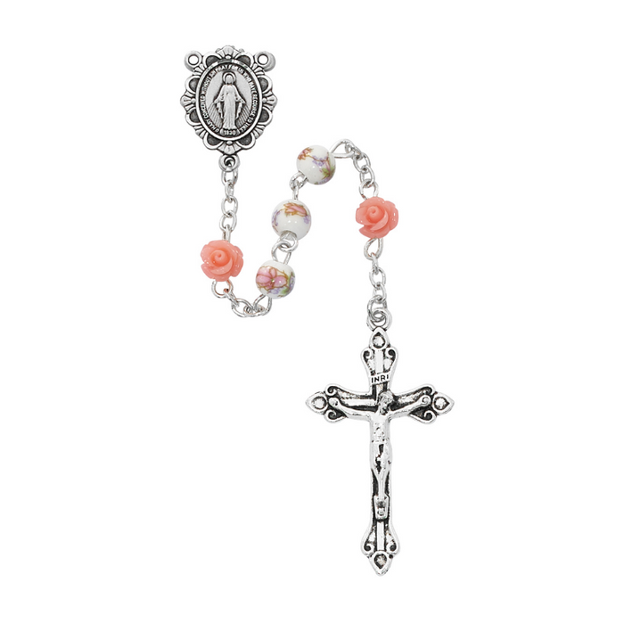 6mm Pink Flower Ceramic Beads Miraculous Medal Rosary Rosary Catholic Gifts Catholic Presents Rosary Gifts