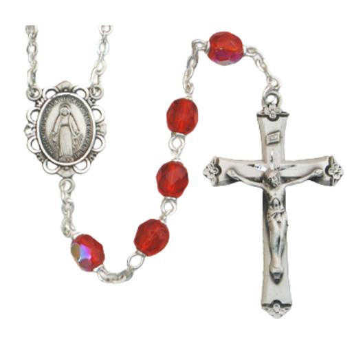 6mm Ruby Beads Miraculous Medal Rosary - July