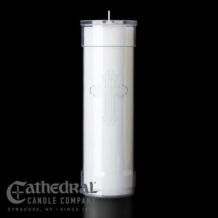 7-Day Inserta-Lite® Vigil Candles with Cross - Plastic Container - 3 Color Variants - (24 Pieces)