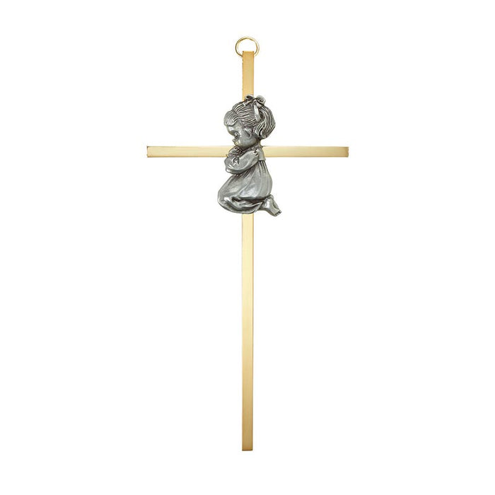 7inH Baby Girl Brass Cross with Emblem - 4 Pieces Per Package