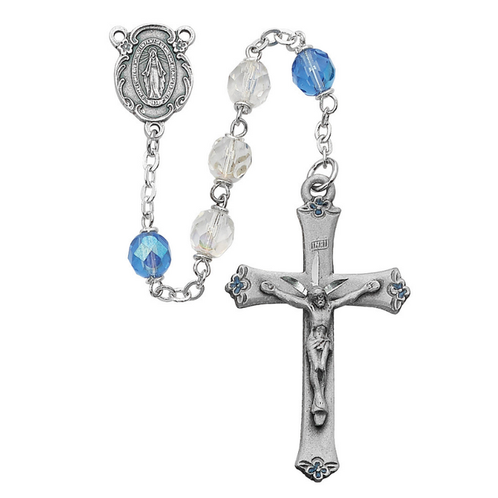 7mm Blue and Crystal Beads Miraculous Medal Rosary