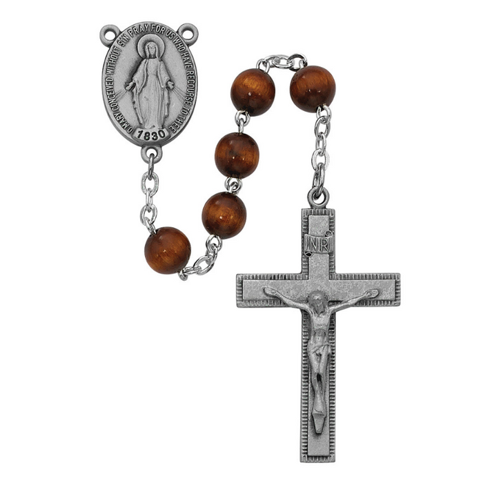 7mm Brown Wood Miraculous Medal Pewter Rosary