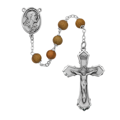 7mm Olive Wood Beads Silver Ox Sacred Heart Rosary