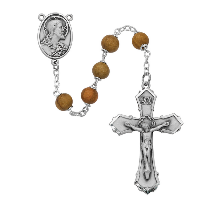 7mm Olive Wood Beads Sterling Silver Sacred Heart Rosary