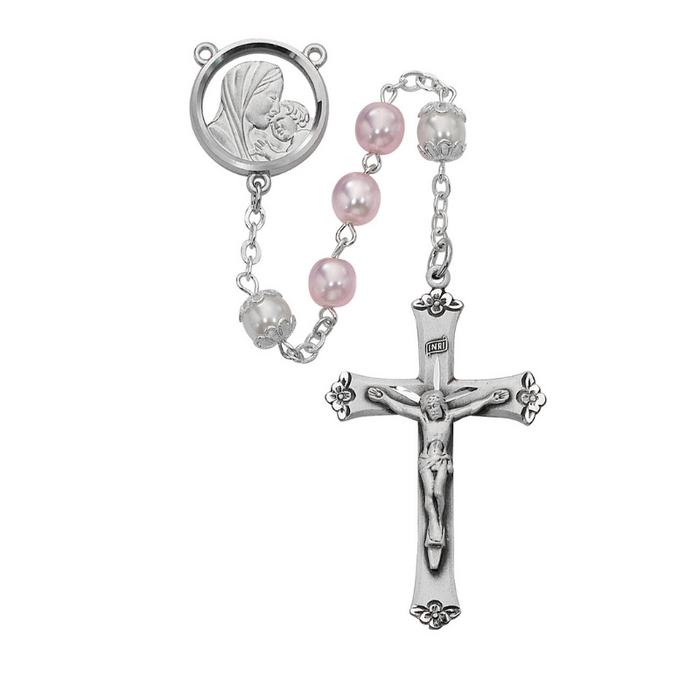  7mm Pink Pearl Beads Madonna and Child Rhodium Rosary Rosary Catholic Gifts Catholic Presents Rosary Gifts