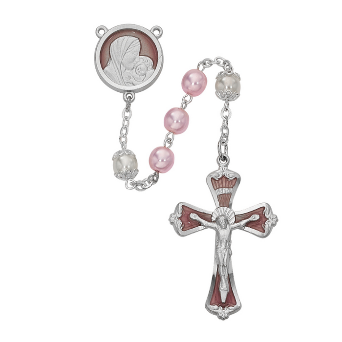 7mm Pink Pearl Beads Madonna and Child Rosary Rosary Catholic Gifts Catholic Presents Rosary Gifts