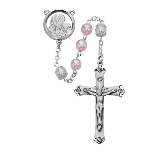 7mm Pink Pearl Beads Madonna and Child Sterling Silver Rosary