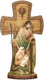 12" H Stained Wood Cross Holy Family Figurine