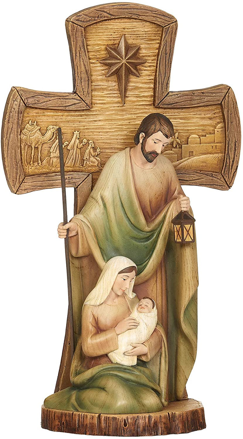 12" H Stained Wood Cross Holy Family Figurine