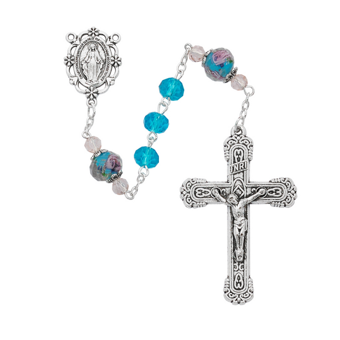 8mm Aqua Crystal Beads Miraculous Medal Rosary