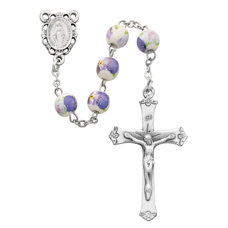 8mm Purple Flower Ceramic Beads Miraculous Medal Rosary Rosary Catholic Gifts Catholic Presents Rosary Gifts