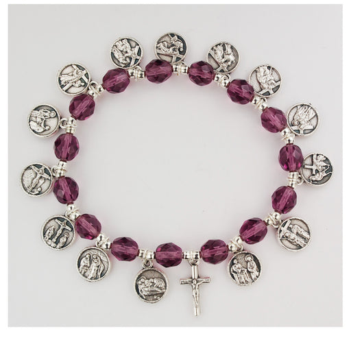 8mm Purple Glass Beads Bracelet with Silver Ox Stations of the Cross Medals