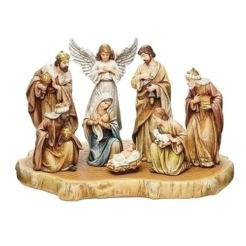 9 Piece 17”H Nativity on Wood Slab Base (Faux Wood)