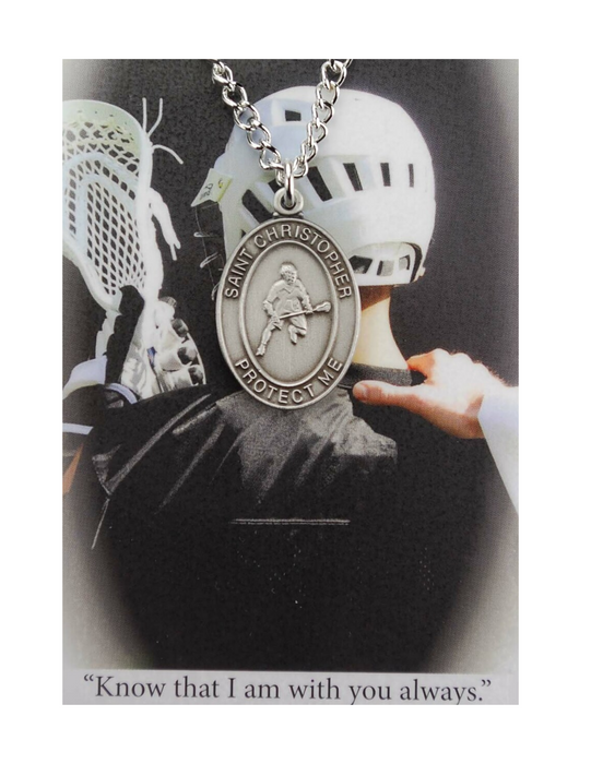 St. Christopher Boys Lacrosse Necklace made from pewter and a 24" silvertone chain with a laminated prayer card perfect gift to boys who loves sports to your brother family and friends for birthdays or any occasion