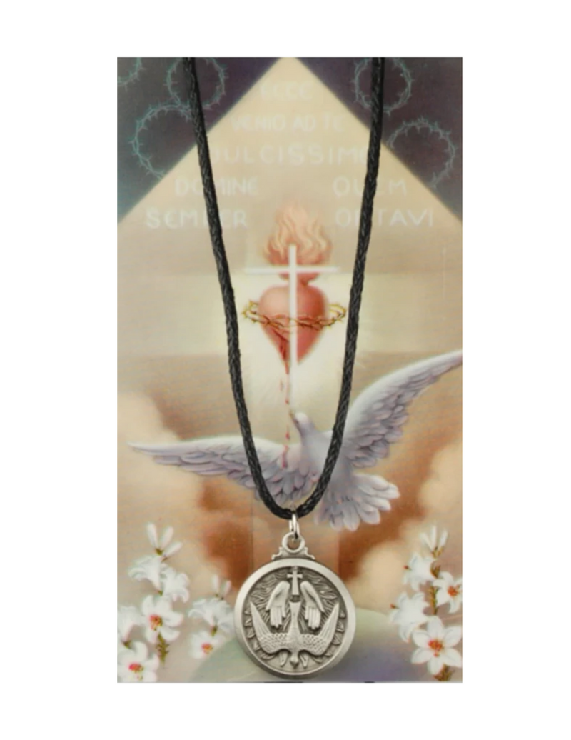 Holy Spirit Medal necklace made from Pewter with and adjustable Cord that comes with a Laminated Prayer Card a perfect catholic gift to your parents family friends or someone special on any occasion