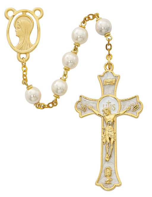 Miraculous Rosary made with pearl beads and features a miraculous gold plated pewter center and a Holy Mass Crucifix made from epoxy a perfect collection or a gift to your parents family and friends on any occasion