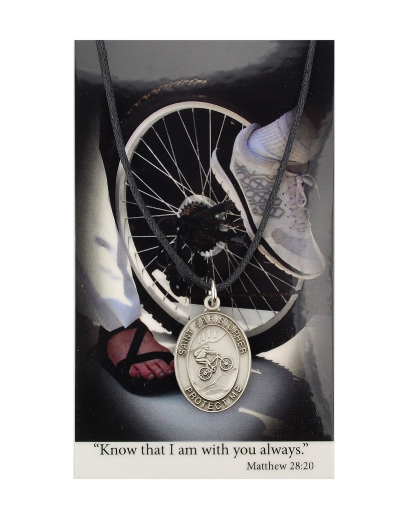 St. Christopher Boys Biking Necklace made from pewter and an adjuistable cord with a laminated prayer card perfect gift to boys who loves sports to your brother family and friends for birthdays or any occasion