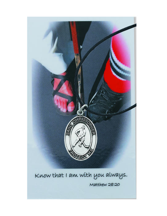 St. Christopher Boys Hockey Necklace made from pewter and a adjustable cord with a laminated prayer card perfect gift to boys who loves sports to your brother family and friends for birthdays or any occasion