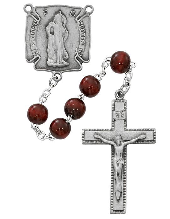 St. Florian Firefighter Rosary made with red wood beads and features a St. Florian Badge Center and Crucifix made from pewter a perfect gift to your father brother family and friends during fathers day birthday or any occasion