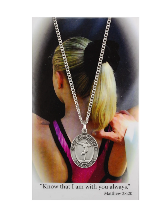 St. Christopher Girls Gymnastics Necklace made from pewter and a 18" silvertone chain with a laminated prayer card perfect gift to girls who loves sports to your sister family and friends for birthdays or any occasion