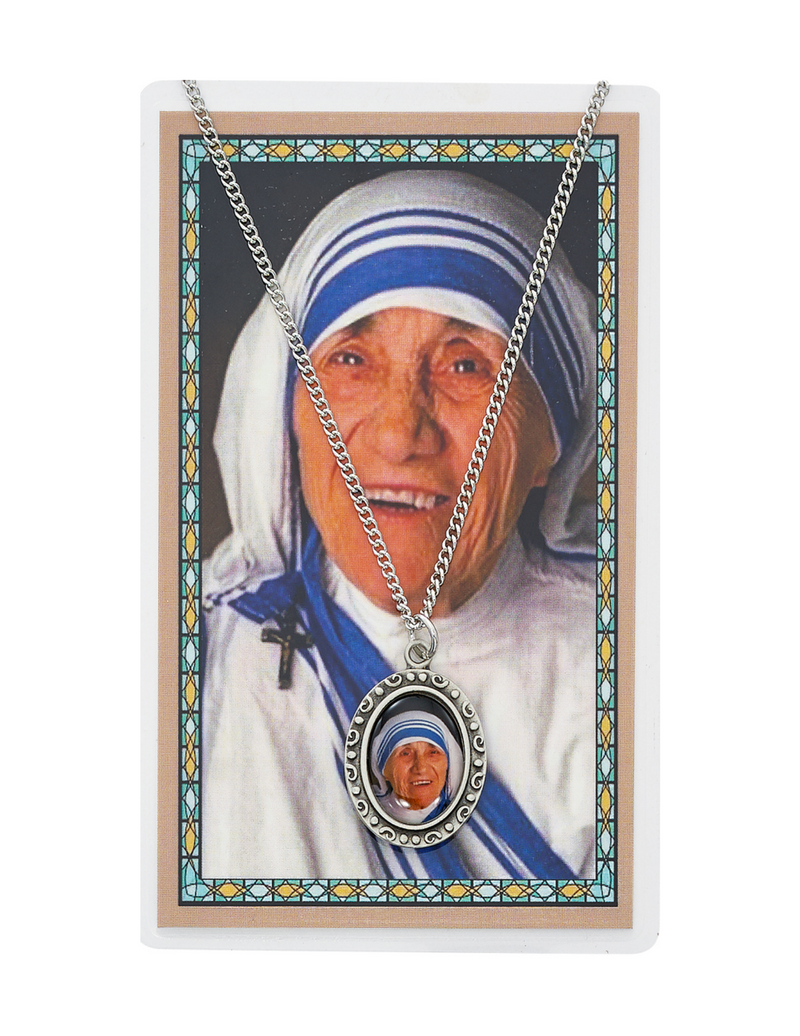 St. Teresa medal necklace with 18" Chain and Laminated Holy Card Set perfect gift to your family and friends on any occasion