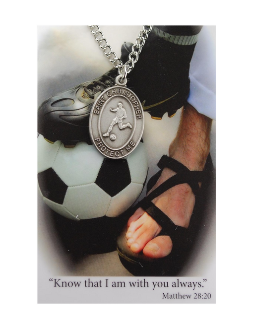 St. Christopher Boys Soccer Necklace made from pewter and an 24" silver tone chain with a laminated prayer card perfect gift to boys who loves sports to your brother family and friends for birthdays or any occasion
