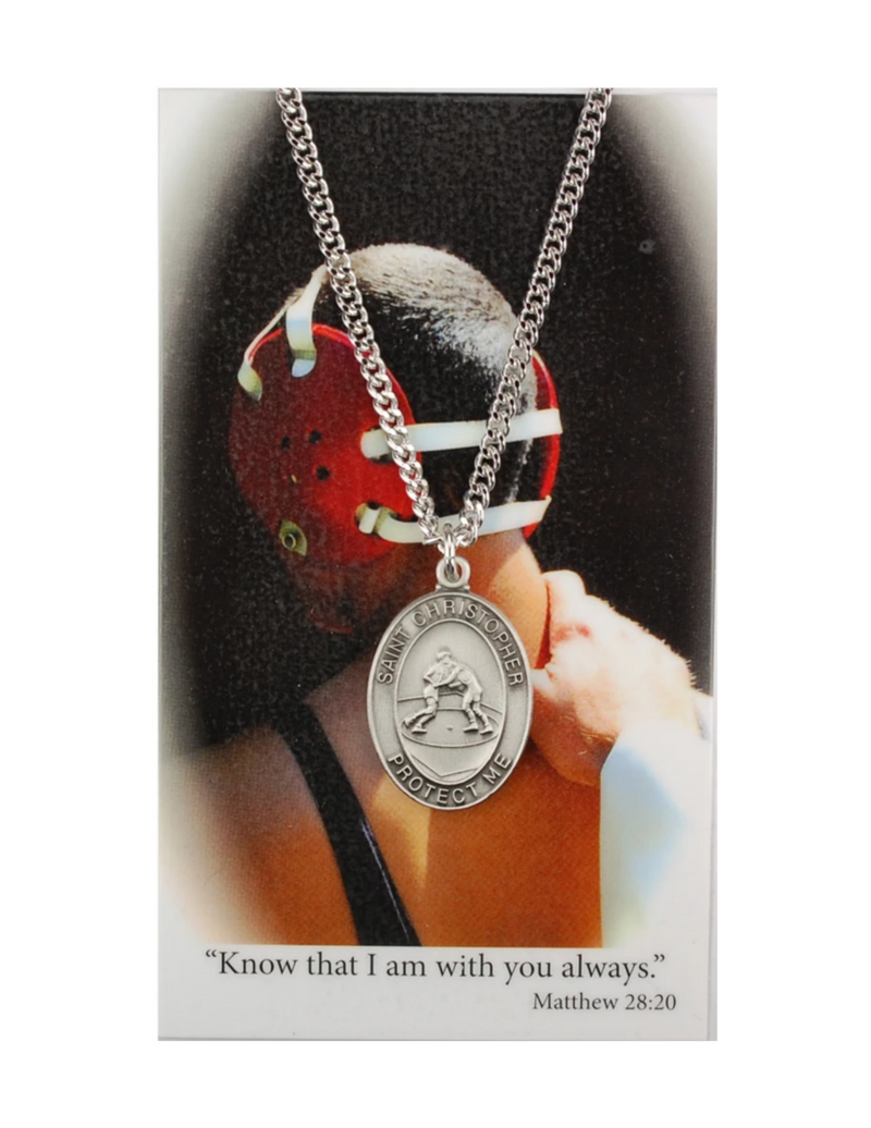 St. Christopher Boys Wrestling Necklace made from pewter and a 24" silvertone chain with a laminated prayer card perfect gift to boys who loves sports to your brother family and friends for birthdays or any occasion