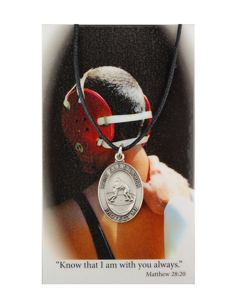St. Christopher Boys Wrestling Necklace made from pewter and an adjuistable cord with a laminated prayer card perfect gift to boys who loves sports to your brother family and friends for birthdays or any occasion