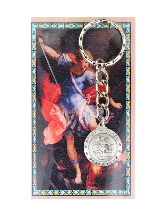 St. Michael Keyring Holder made from pewter with a prayer guide card perfect gift to your family and friends for their birthdays or any occasion and celebration