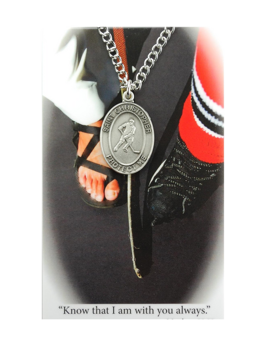 St. Christopher Boys Hockey Necklace made from pewter and a 24" Silver tone chain with a laminated prayer card perfect gift to boys who loves sports to your brother family and friends for birthdays or any occasion