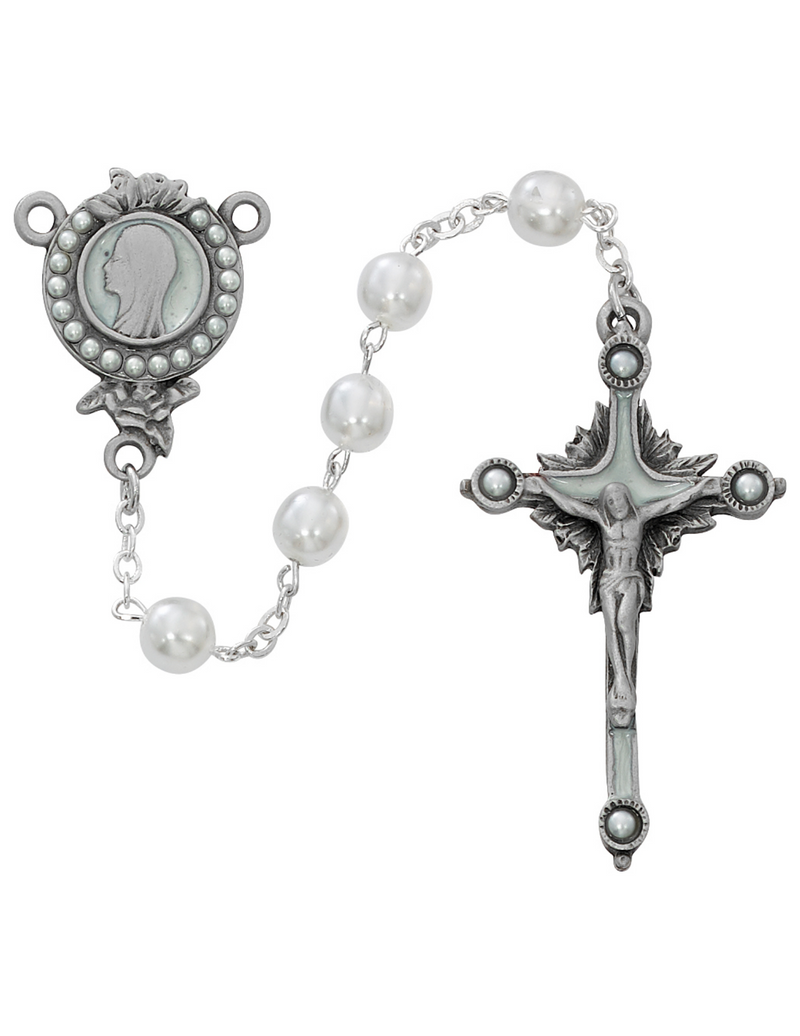 Blessed Virgin Mary Rosary made in pewter with pearl beads that features a details center and crucifix accented with mini pearls a perfect gift to your mother sister family and friends during mother's day birthdays or any occasion