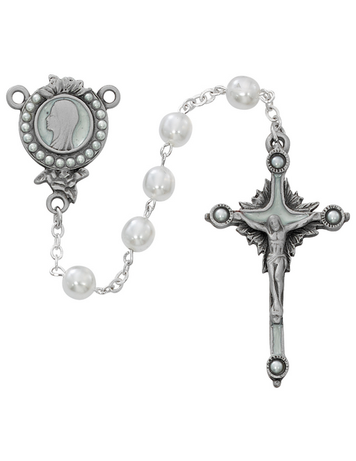Blessed Virgin Mary Rosary made in pewter with pearl beads that features a details center and crucifix accented with mini pearls a perfect gift to your mother sister family and friends during mother's day birthdays or any occasion