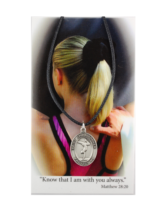 St. Christopher Girls Gymnastics Necklace Cord with Laminated Prayer Card