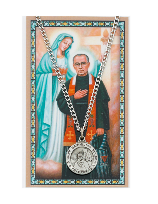 St. Maximilian Medal Necklace made from Pewter with an 24" Silver-tone chain and Prayer Card a perfect gift to your brother sister family or friends for their Birthday Christmas Holidays or any occasion