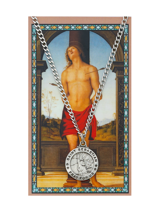 St. Sebastian Medal Necklace made from Pewter with an 24" Silver-tone chain and Prayer Card a perfect gift to athletes family or friends for their Birthday Christmas Holidays or any occasion
