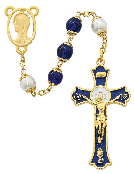 Miraculous Rosary made with double capped blue and pearl beads and features a miraculous gold plated pewter center and a Holy Mass Crucifix made from blue epoxy a perfect collection or a gift to your parents family and friends on any occasion