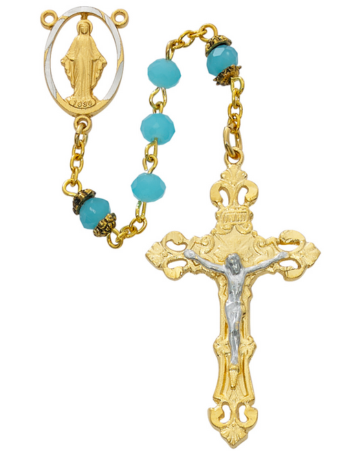 Miraculous Rosary made with aqua beads that features a two-tone center and crucifix made from pewter a perfect gift to your parents family and friends on any occassion