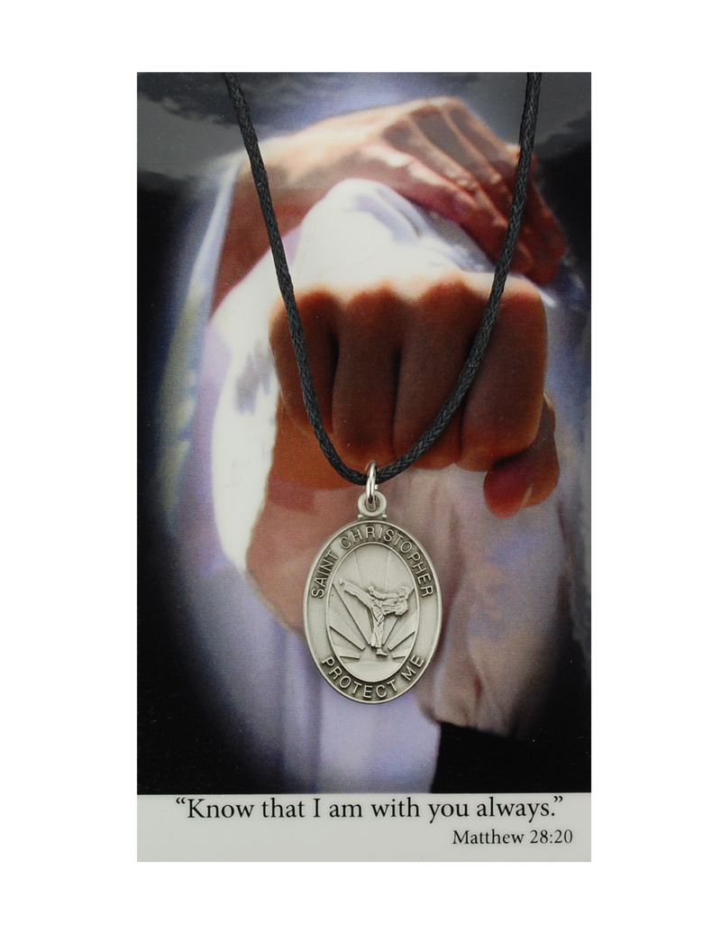St. Christopher Boys Karate Necklace made from pewter and an adjuistable cord with a laminated prayer card perfect gift to boys who loves sports to your brother family and friends for birthdays or any occasion