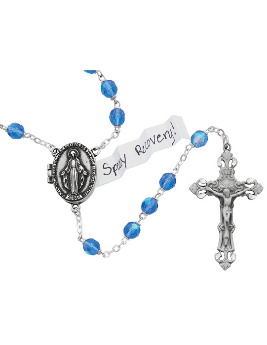 Prayer Locket Blue Aurora Glass Beads Miraculous Rosary features a Miraculous Prayer Locket center for your petitions and and accented crucifix made from pewter a perfect gift to your parents family and friend in need