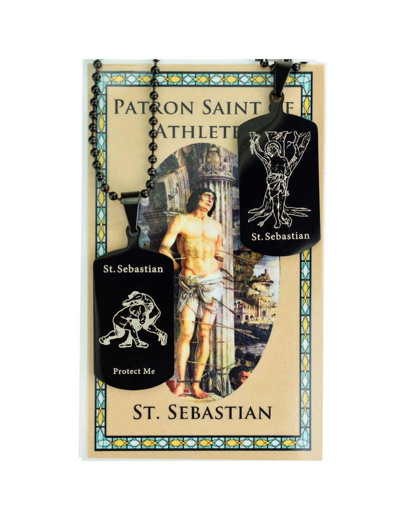 St. Sebastian Wrestling Catholic Holy Cards and Catholic Necklace for Athlete and Athletic can be used by schools or students