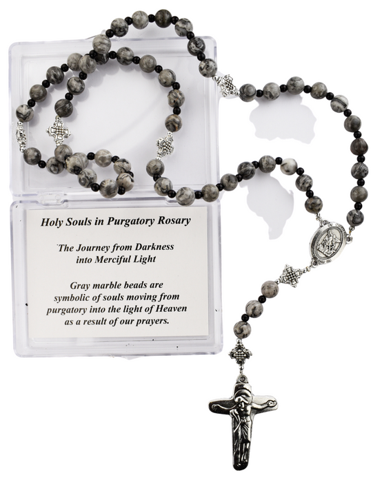 Holy Souls in Purgatory Rosary Corded and made with 8mm Gray Marble Beads and Cross Beads Completed with St. Michael Center and accented crucifix perfect for collection or gift to your family and friends in need.