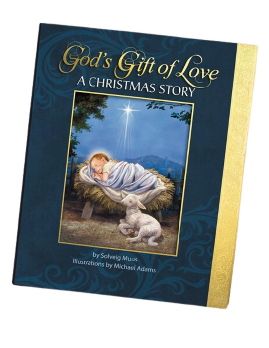 A Christmas Story book made with a hardcover and gold foil embossed dust jacket that features a fully illustrated pages with quotes or prayers from the bible perfect for the family or a christmas gift